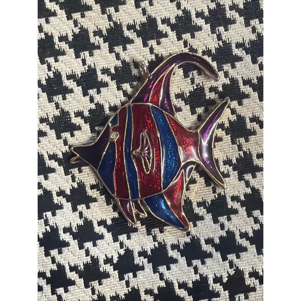 VTG Enamel Tropical Fish Pendant Blue Red Purple Gold Tone 1980s Retro Whimsy